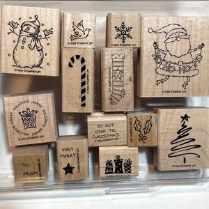 Stampin Up rubber stamps set of 13 Christmas stamps with case - very cute set